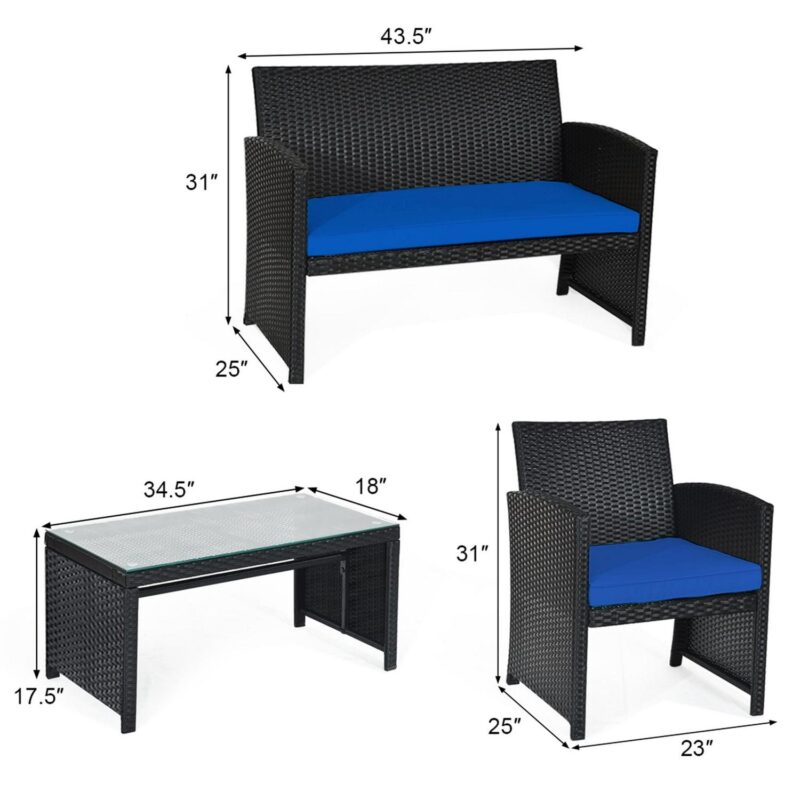 Gymax 4PCS Rattan Outdoor Conversation Set Patio Furniture Set w/ Navy Cushions - Image 3