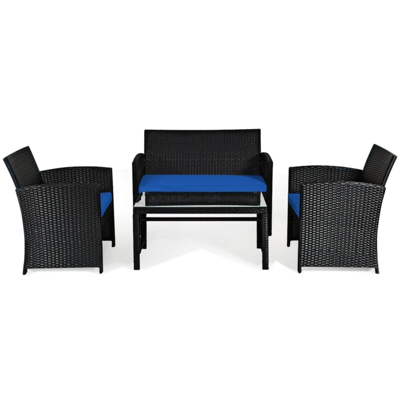 Gymax 4PCS Rattan Outdoor Conversation Set Patio Furniture Set w/ Navy Cushions - Image 9