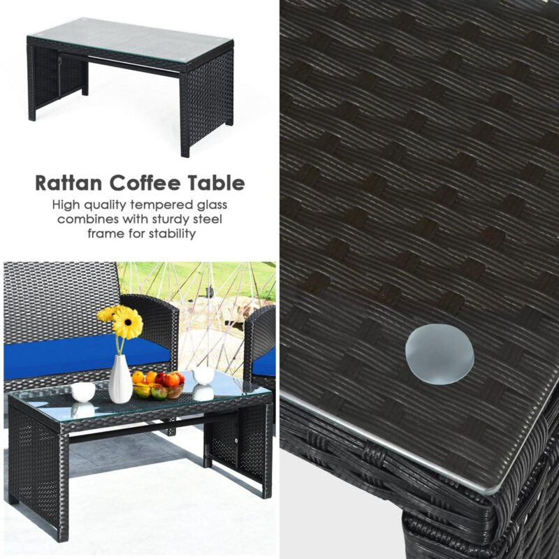 Gymax 4PCS Rattan Outdoor Conversation Set Patio Furniture Set w/ Navy Cushions - Image 7