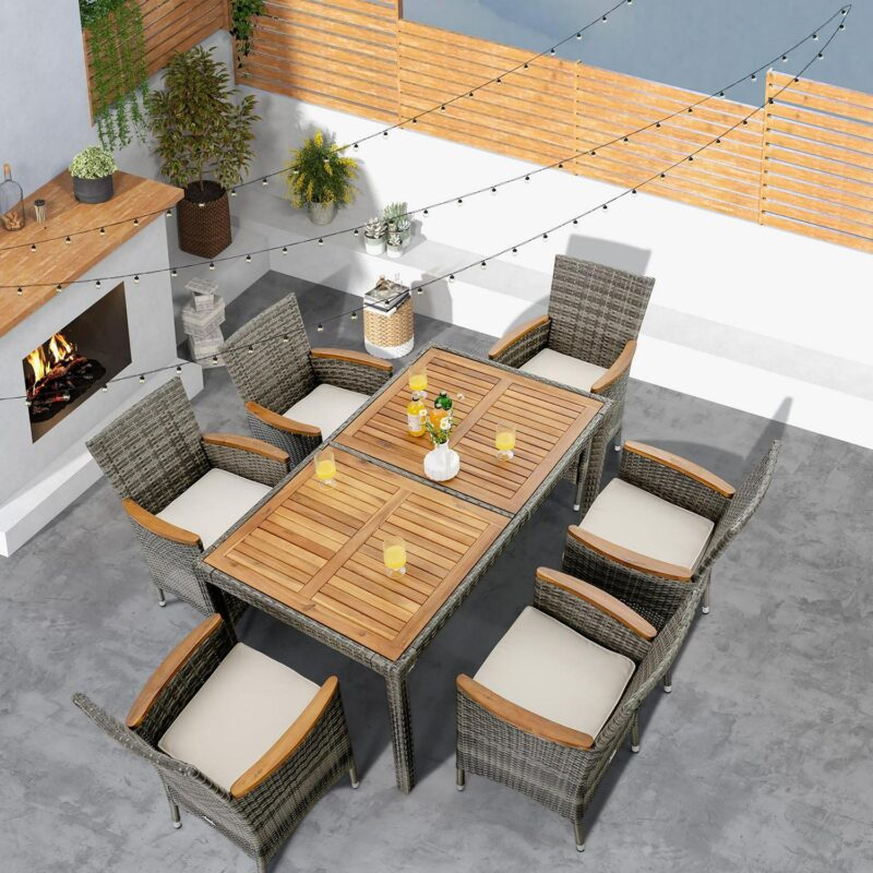 Gymax 7PCS Outdoor Dining Set Patio Acacia Wood and Rattan Furniture Set w/ Cushions - Image 10