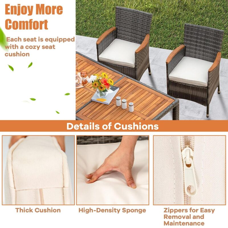 Gymax 7PCS Outdoor Dining Set Patio Acacia Wood and Rattan Furniture Set w/ Cushions - Image 5