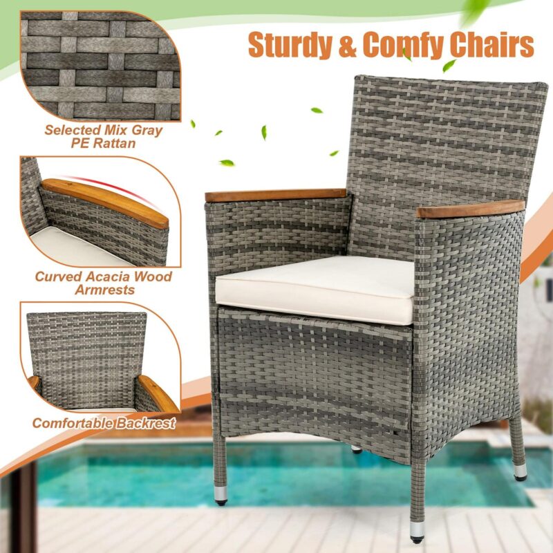 Gymax 7PCS Outdoor Dining Set Patio Acacia Wood and Rattan Furniture Set w/ Cushions - Image 9