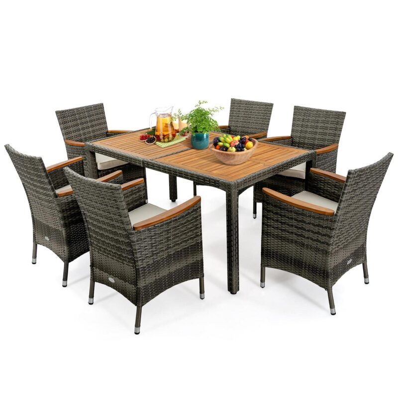 Gymax 7PCS Outdoor Dining Set Patio Acacia Wood and Rattan Furniture Set w/ Cushions - Image 2
