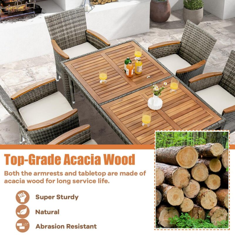 Gymax 7PCS Outdoor Dining Set Patio Acacia Wood and Rattan Furniture Set w/ Cushions - Image 4