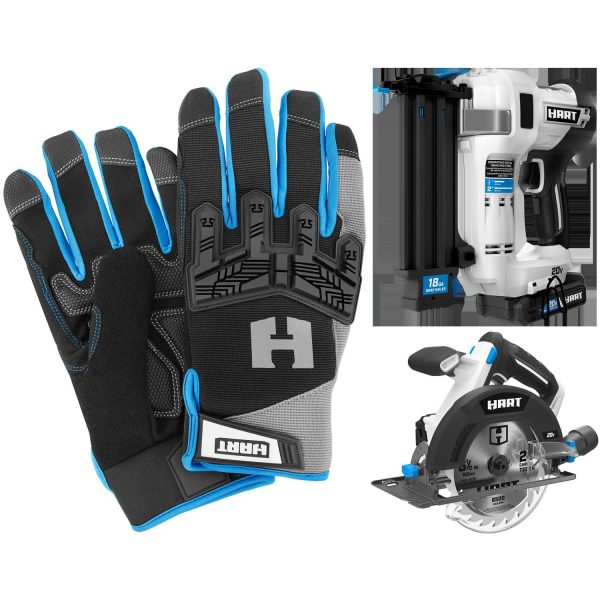 HART 20-Volt Nailing Kit w/HART 20V 18G Brad Nailer Kit, HART 20V 6-1/2  Circular Saw, and HART Impact Work Gloves