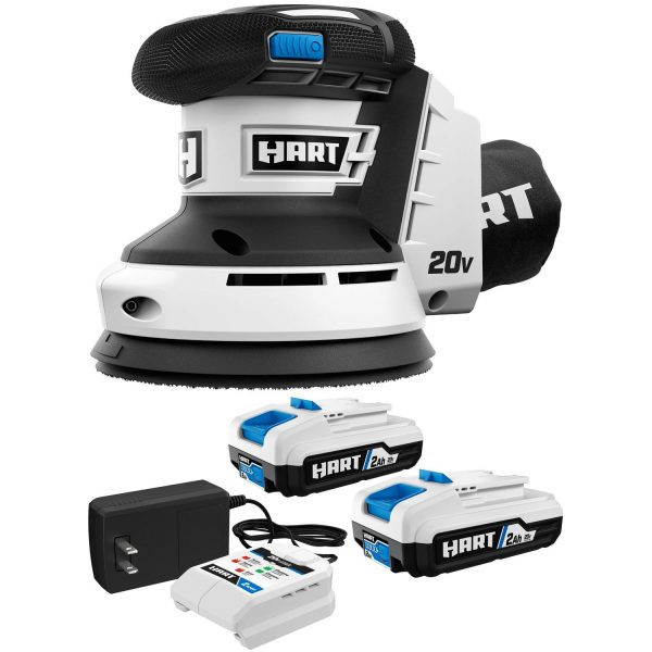HART 20-Volt Random Orbit Sander with 2-Pack 2Ah Battery and Charger Starter Kit Bundle