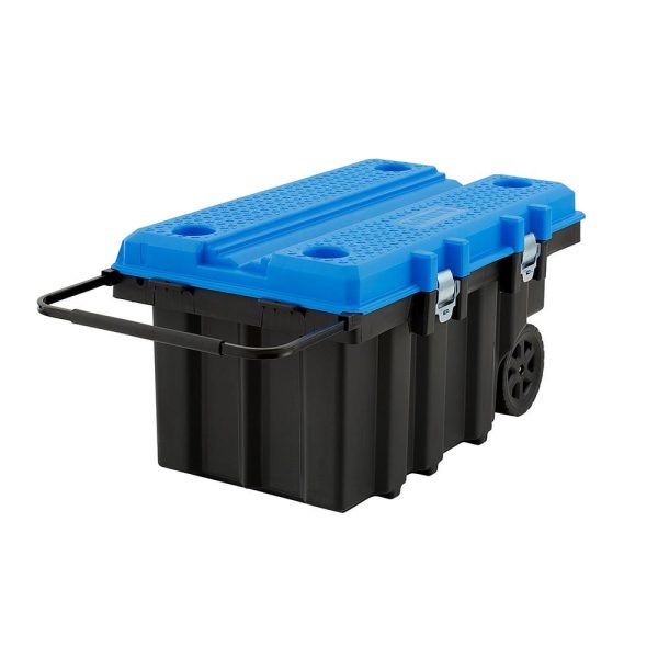HART 50 Gallon Rolling Plastic Tool Chest with Work Top for Garage, Black with Blue Lid