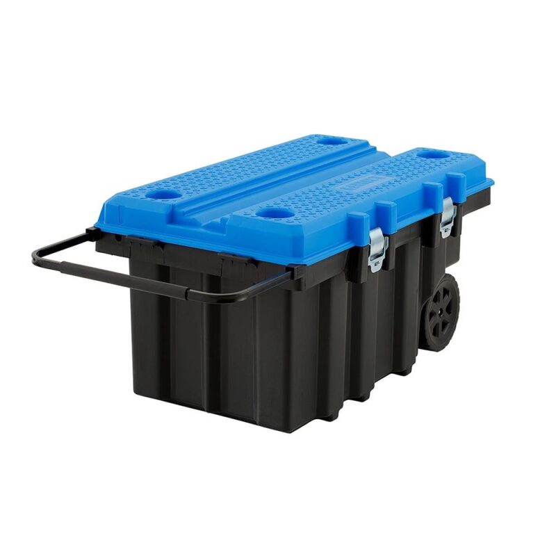 HART 50 Gallon Rolling Plastic Tool Chest with Work Top for Garage, Black with Blue Lid