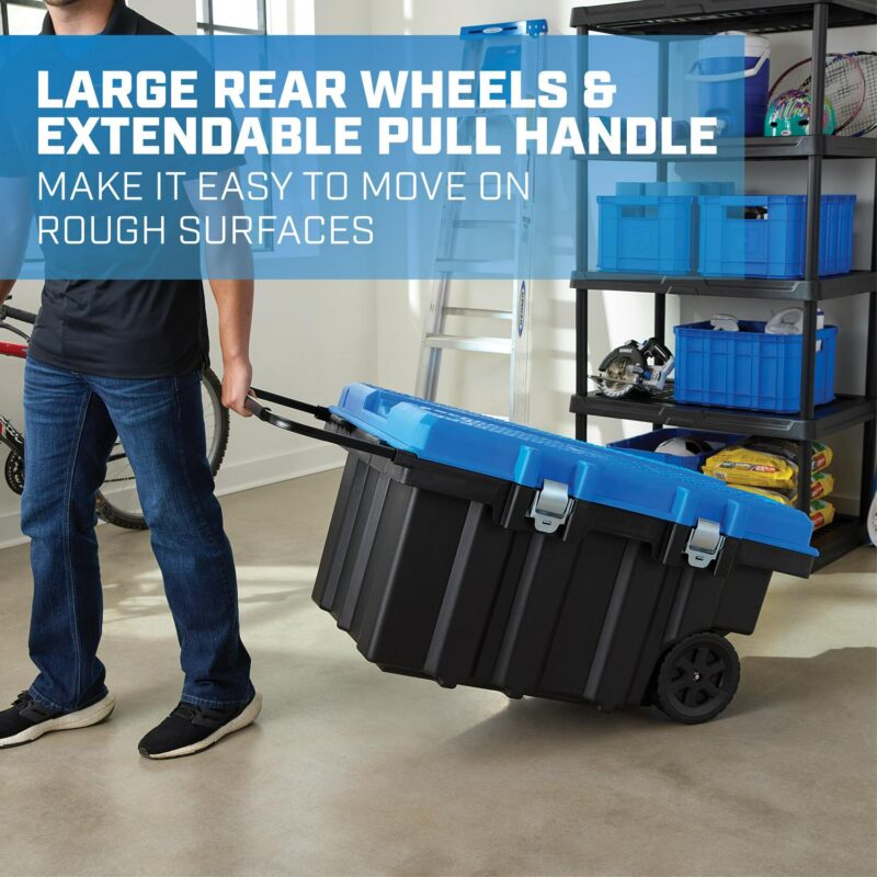 HART 50 Gallon Rolling Plastic Tool Chest with Work Top for Garage, Black with Blue Lid - Image 4