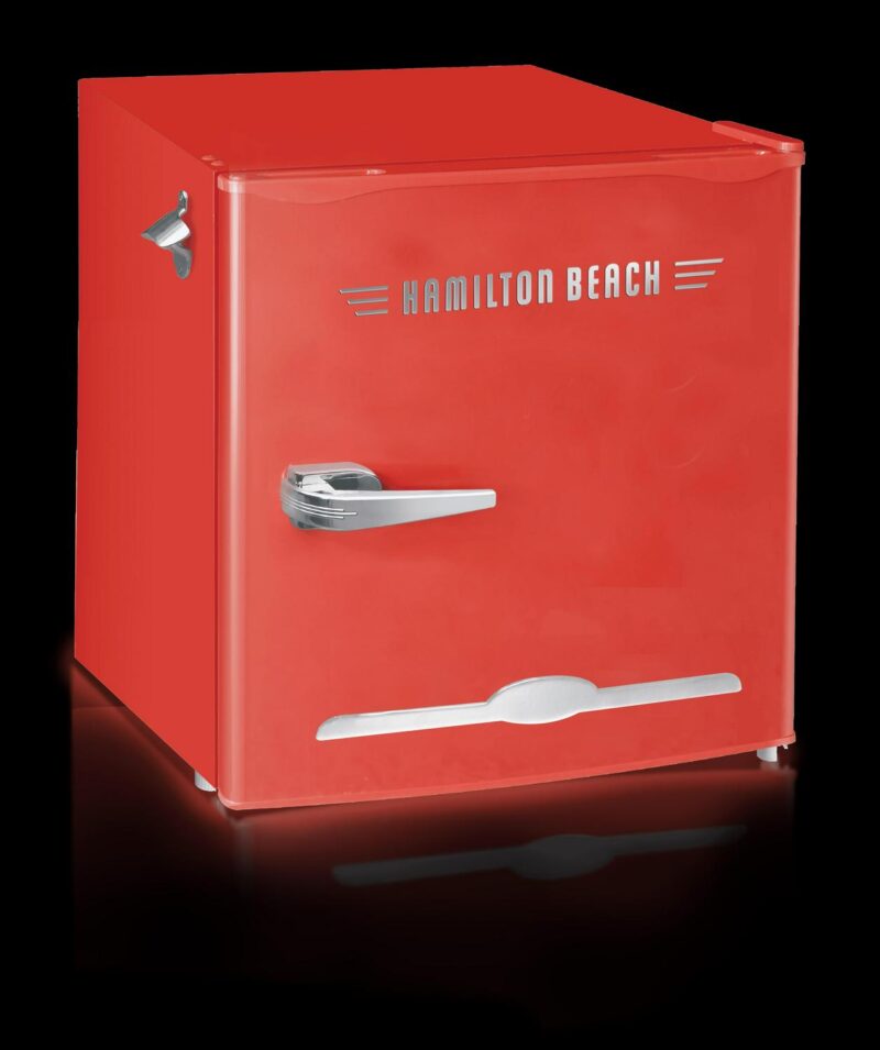 Hamilton Beach 1.6 Cu. Ft. Retro Refrigerator With Built-In Side Bottle Opener, 2 Liter Door Basket, Red, HBF1600