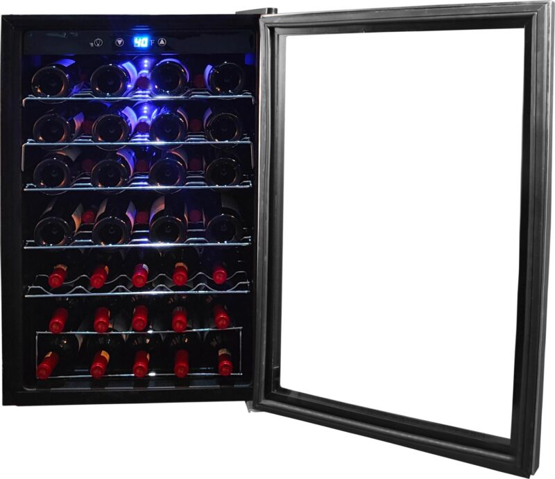 Hamilton Beach, 43 Bottle, Dual Zone Wine Fridge, Glass Door, Wooden Shelves, Stainless Steel - Image 3