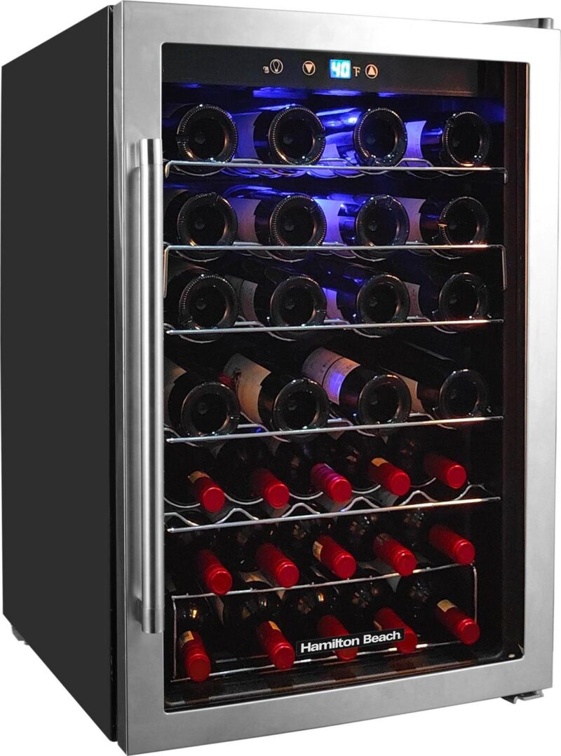 Hamilton Beach, 43 Bottle, Dual Zone Wine Fridge, Glass Door, Wooden Shelves, Stainless Steel - Image 2