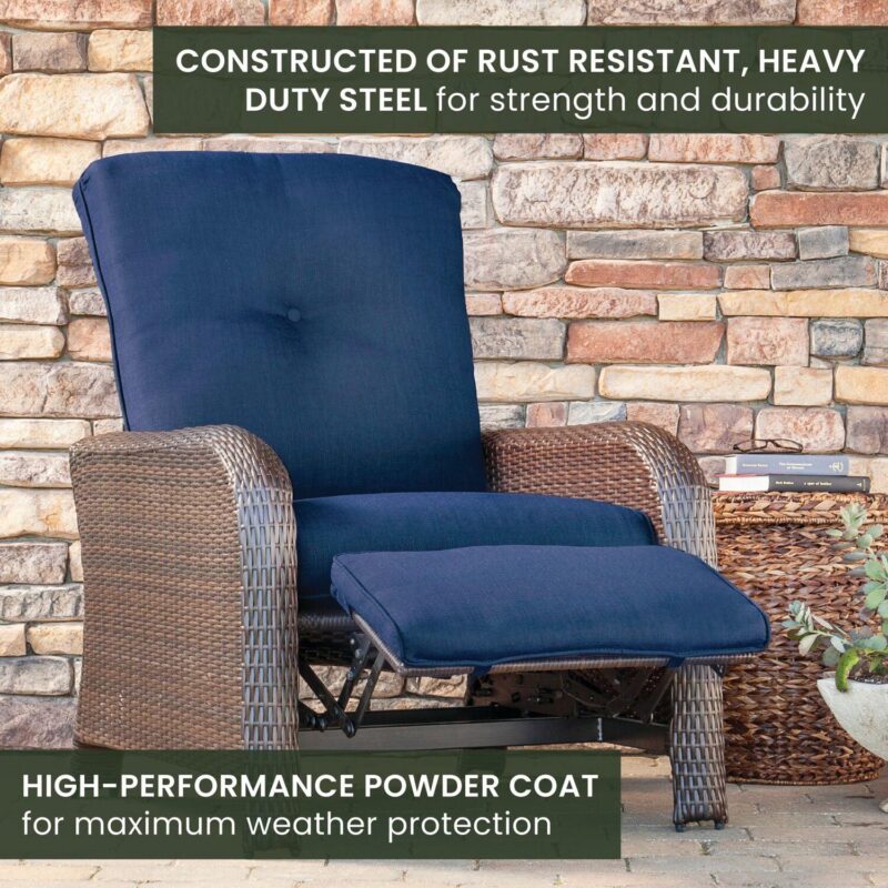 Hanover Strathmere Wicker and Steel Outdoor Patio Lounge Chair, Navy Blue - Image 4