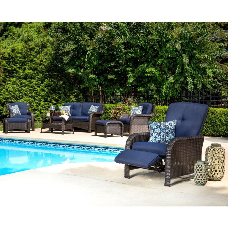 Hanover Strathmere Wicker and Steel Outdoor Patio Lounge Chair, Navy Blue - Image 7
