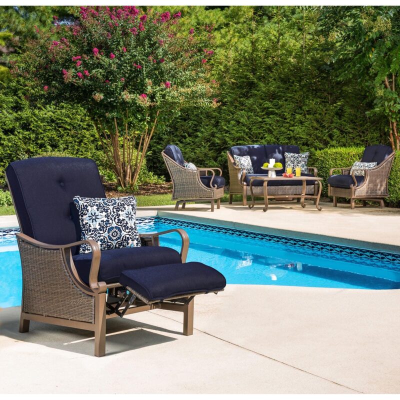 Hanover Ventura Steel Outdoor Patio Woven Luxury Recliner with Brown Wicker, Navy Blue Cushions and Pillow, VENTURAREC-NVY - Image 2