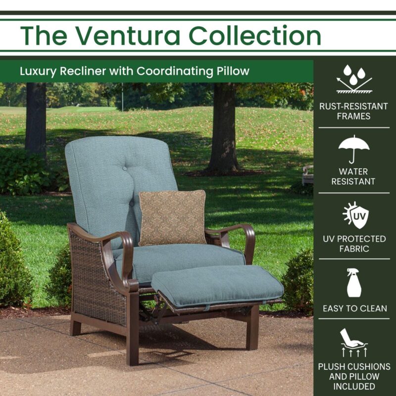 Hanover Ventura Steel Outdoor Patio Woven Luxury Recliner with Brown Wicker, Ocean Blue Cushions and Pillow, VENTURAREC-BLU - Image 9