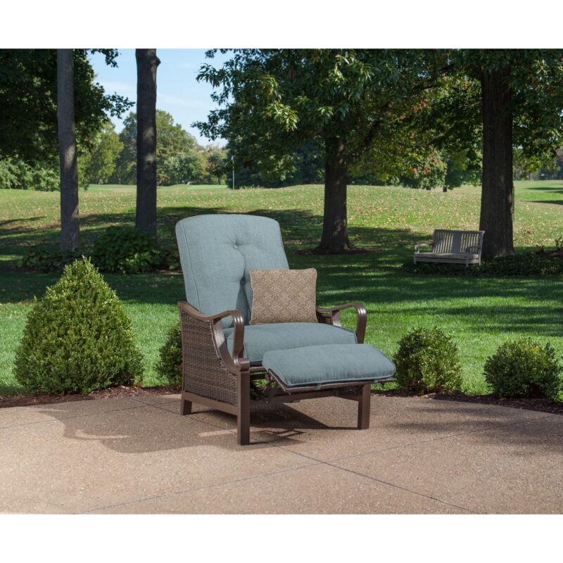 Hanover Ventura Steel Outdoor Patio Woven Luxury Recliner with Brown Wicker, Ocean Blue Cushions and Pillow, VENTURAREC-BLU - Image 2
