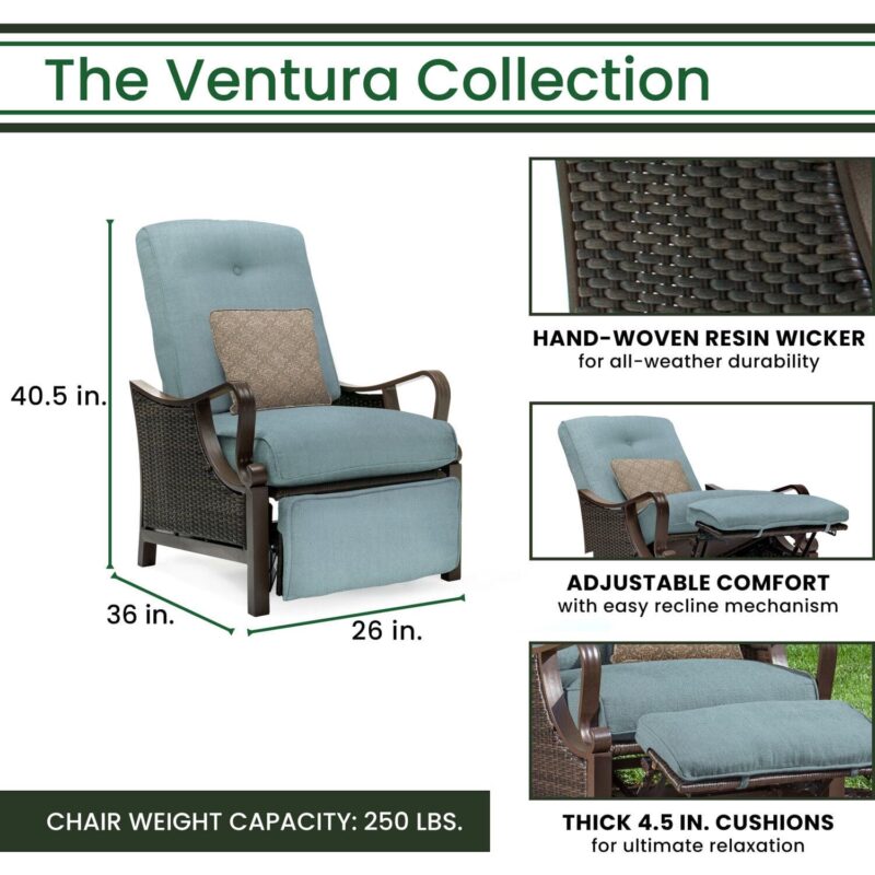 Hanover Ventura Steel Outdoor Patio Woven Luxury Recliner with Brown Wicker, Ocean Blue Cushions and Pillow, VENTURAREC-BLU - Image 7