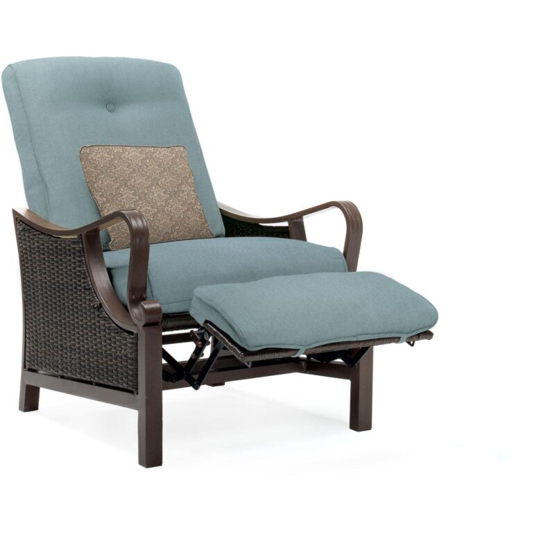 Hanover Ventura Steel Outdoor Patio Woven Luxury Recliner with Brown Wicker, Ocean Blue Cushions and Pillow, VENTURAREC-BLU - Image 3