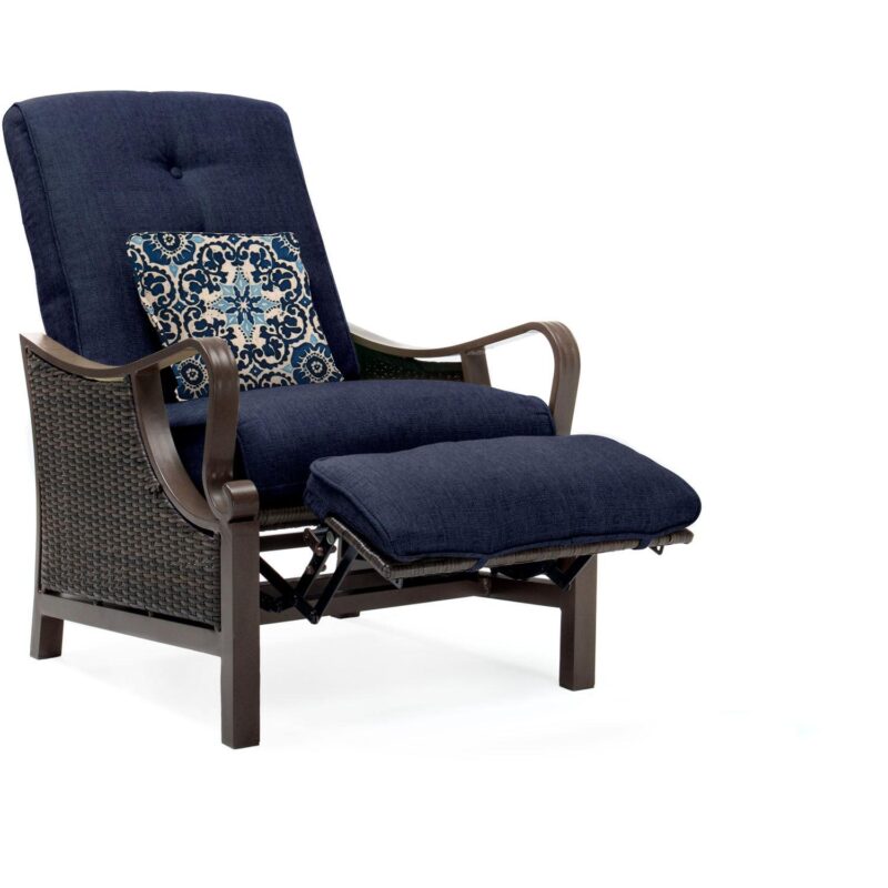 Hanover Ventura Steel Outdoor Patio Woven Luxury Recliner with Brown Wicker, Navy Blue Cushions and Pillow, VENTURAREC-NVY - Image 3