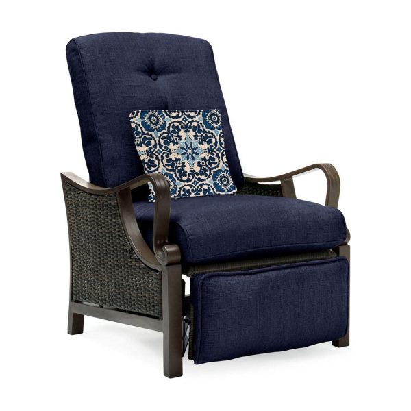 Hanover Ventura Steel Outdoor Patio Woven Luxury Recliner with Brown Wicker, Navy Blue Cushions and Pillow, VENTURAREC-NVY
