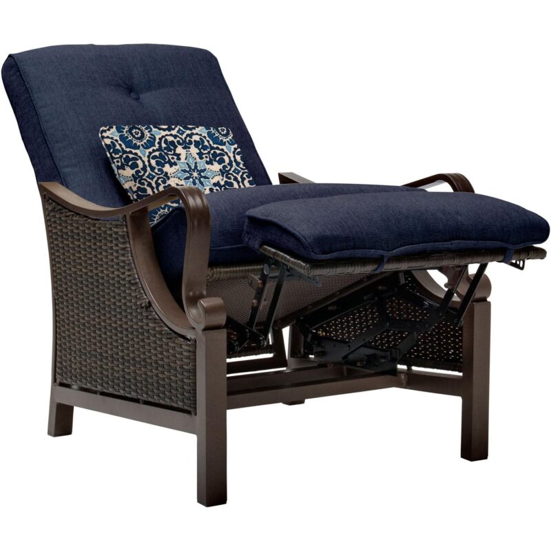 Hanover Ventura Steel Outdoor Patio Woven Luxury Recliner with Brown Wicker, Navy Blue Cushions and Pillow, VENTURAREC-NVY - Image 4