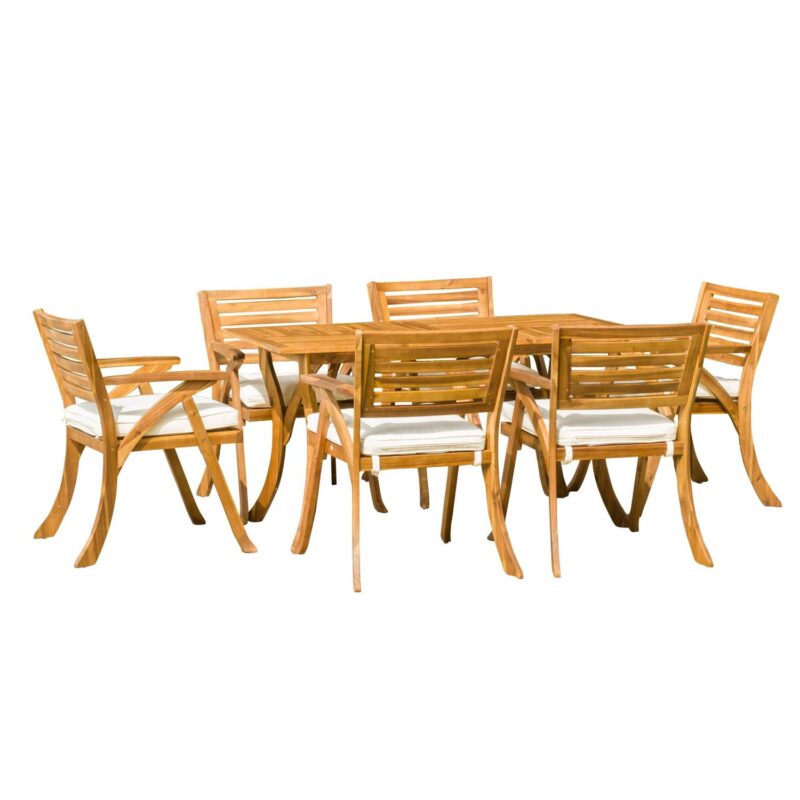 Harvey 7 Piece Outdoor Acacia Dining Set with Cushions, Teak Finish, White - Image 9