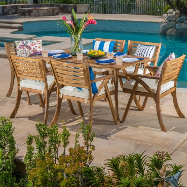 Harvey 7 Piece Outdoor Acacia Dining Set with Cushions, Teak Finish, White