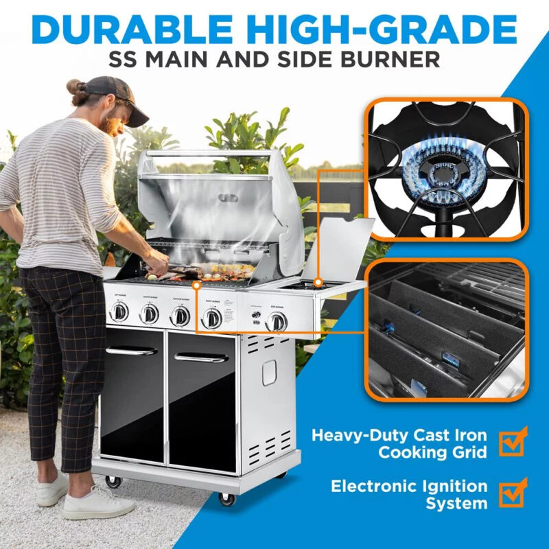 Heavy-Duty 5-Burner Propane Gas Grill - Stainless Steel Grill, 4 Main Burner with 1 side burner, 52,000 BTU Grilling Capacity, Electronic Ignition System, Built-in Thermometer - NutriChef NCGRIL2 - Image 5