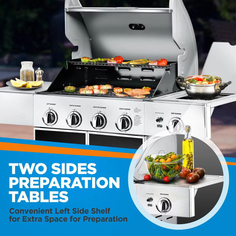 Heavy-Duty 5-Burner Propane Gas Grill - Stainless Steel Grill, 4 Main Burner with 1 side burner, 52,000 BTU Grilling Capacity, Electronic Ignition System, Built-in Thermometer - NutriChef NCGRIL2 - Image 4