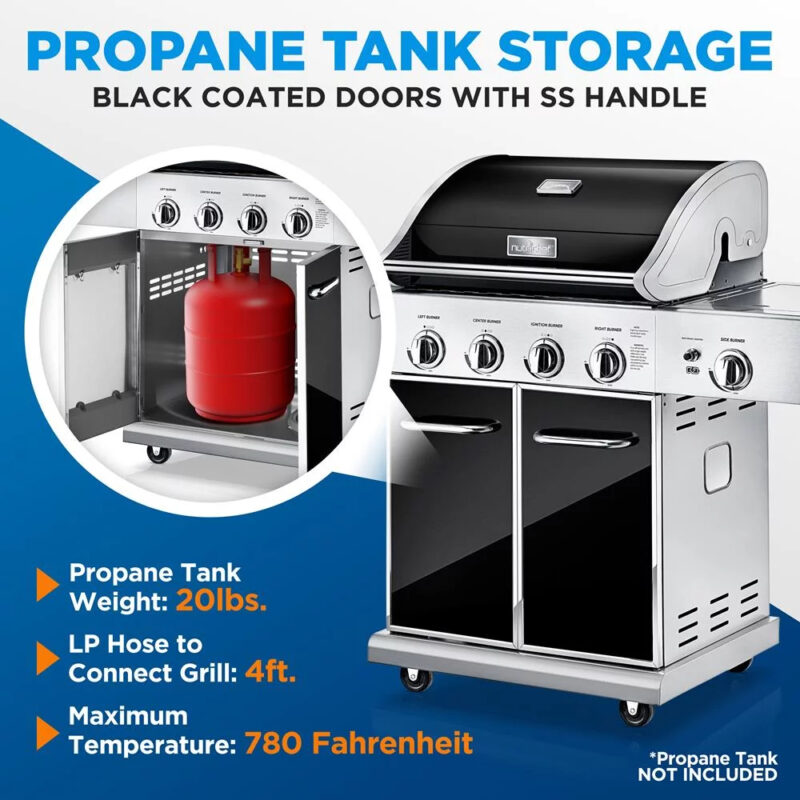 Heavy-Duty 5-Burner Propane Gas Grill - Stainless Steel Grill, 4 Main Burner with 1 side burner, 52,000 BTU Grilling Capacity, Electronic Ignition System, Built-in Thermometer - NutriChef NCGRIL2 - Image 9