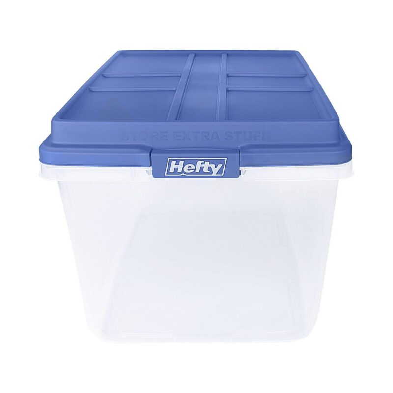 Hefty 72 Qt. Clear Plastic Storage Bin with Blue HI-RISE Lid, 6 Pack - Image 4