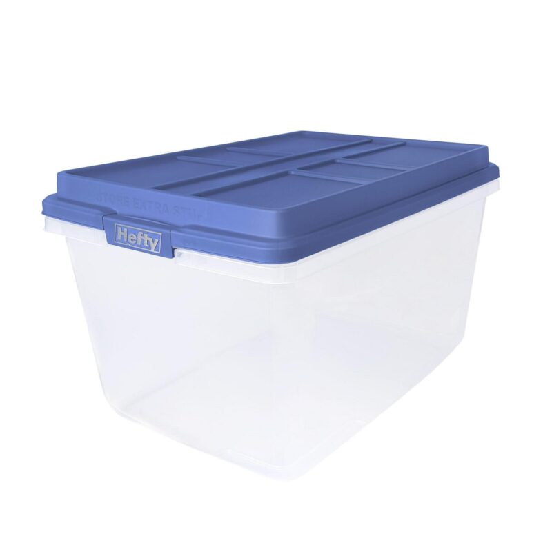 Hefty 72 Qt. Clear Plastic Storage Bin with Blue HI-RISE Lid, 6 Pack - Image 5