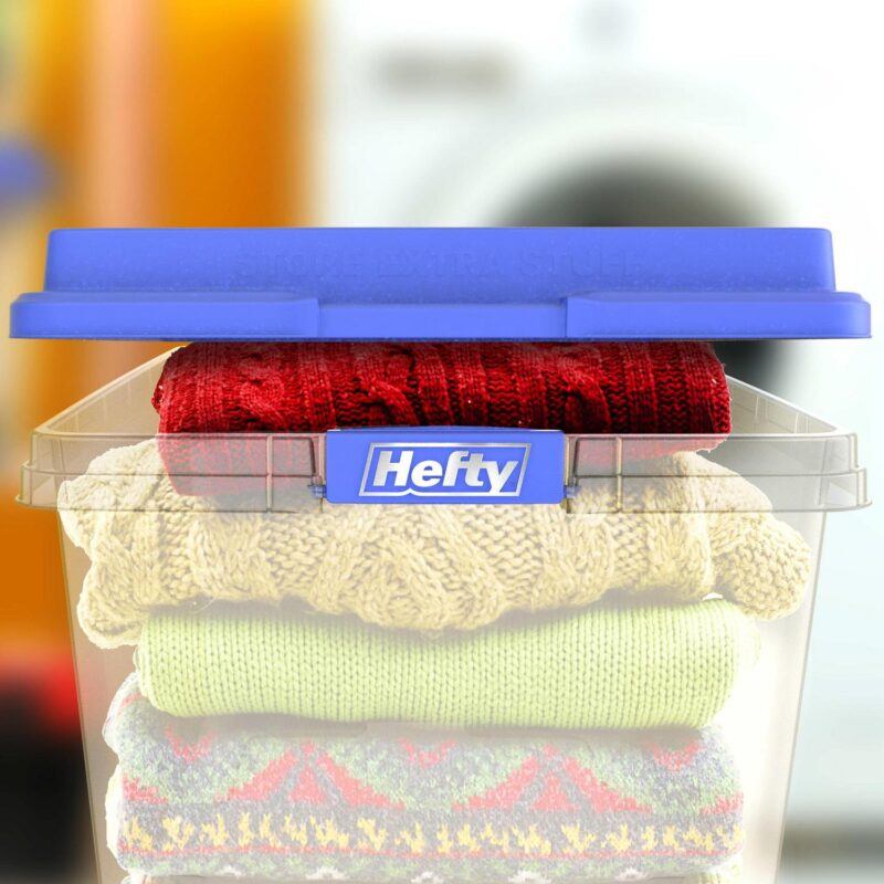 Hefty 72 Qt. Clear Plastic Storage Bin with Blue HI-RISE Lid, 6 Pack - Image 3