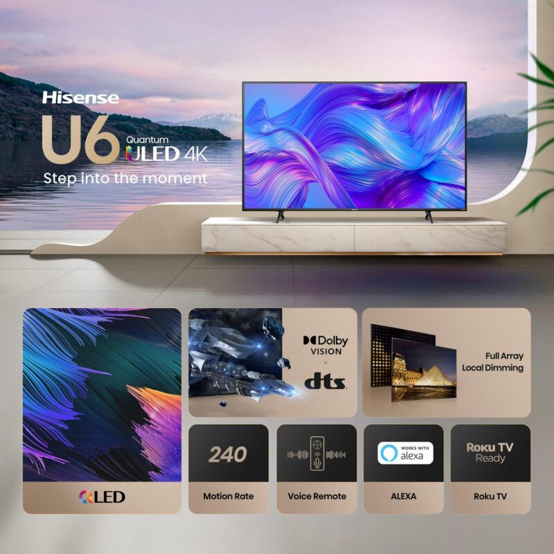 Hisense 65  Class U6HR Series QLED 4K UHD Roku Smart TV (65U6HR, 2024 Model) - QLED, Dolby Vision A. Atmos, Motion Rate 240, Full Array Local Dimming, Voice Remote - Image 2