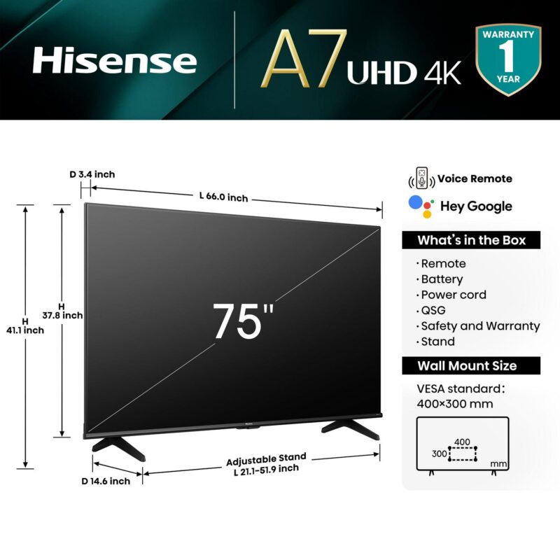 Hisense 75-Inch Class A7 Series Dolby Vision HDR 4K UHD Google Smart TV (75A7N) - Image 2
