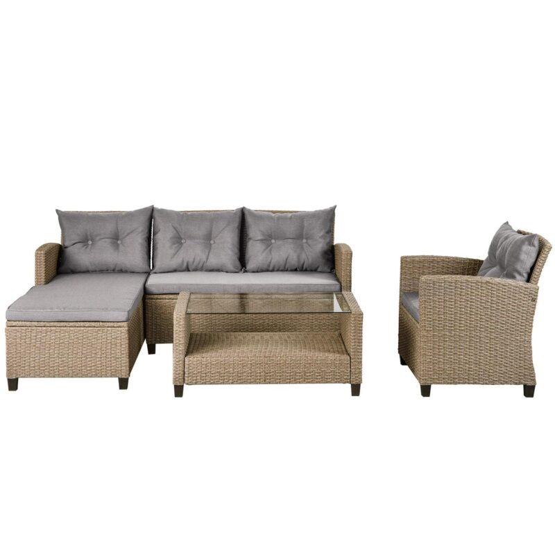 Hommoo 4 Piece Outdoor Patio Furniture Sets, Conversation Set Wicker Rattan Sectional Sofa Set with Seat Cushions, Tempered Glass Coffee Table, Light Gray - Image 3