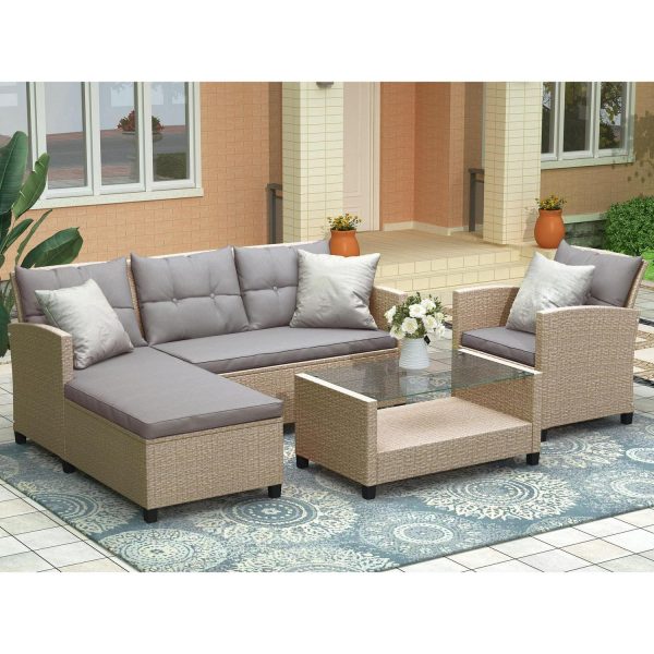 Hommoo 4 Piece Outdoor Patio Furniture Sets, Conversation Set Wicker Rattan Sectional Sofa Set with Seat Cushions, Tempered Glass Coffee Table, Light Gray