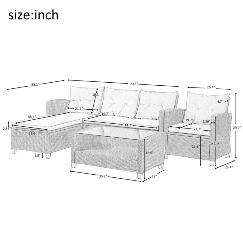 Hommoo 4 Piece Outdoor Patio Furniture Sets, Conversation Set Wicker Rattan Sectional Sofa Set with Seat Cushions, Tempered Glass Coffee Table, Light Gray - Image 6