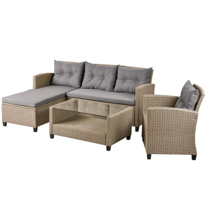 Hommoo 4 Piece Outdoor Patio Furniture Sets, Conversation Set Wicker Rattan Sectional Sofa Set with Seat Cushions, Tempered Glass Coffee Table, Light Gray - Image 2