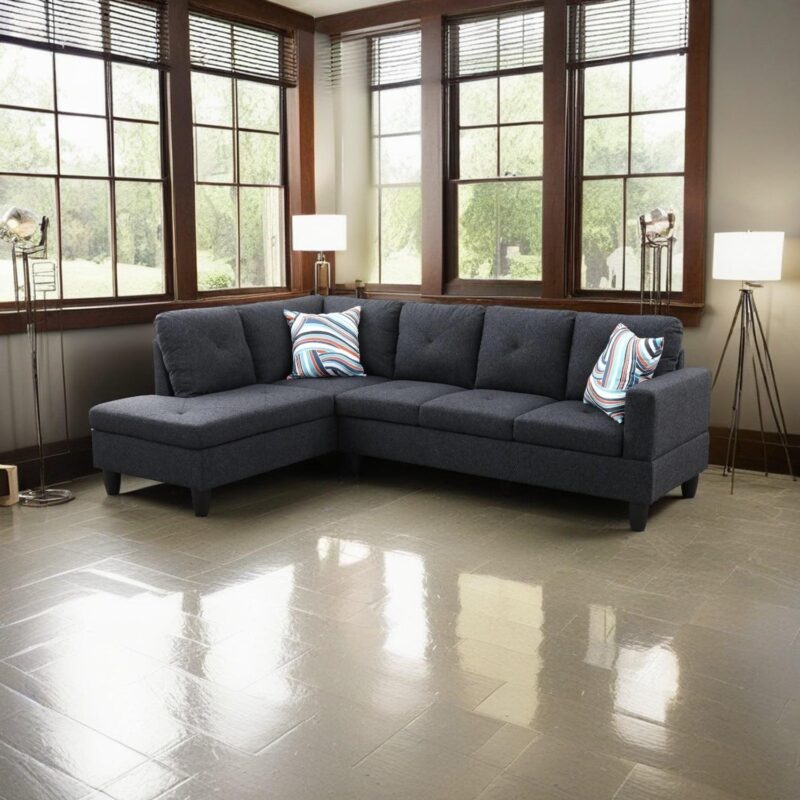 Hommoo Flannel 4-Seat L-Shape Sectional Couch Sofa, Living Room Furniture Sets, Black Grey(No Ottoman)