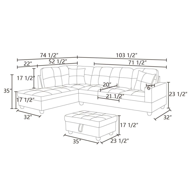Hommoo Flannel and PVC Living Room Furniture Sets Sectional Sofa Couch Sets, Modern L Shaped Sectional Sofa Set, Dark Brown(No Ottoman) - Image 3