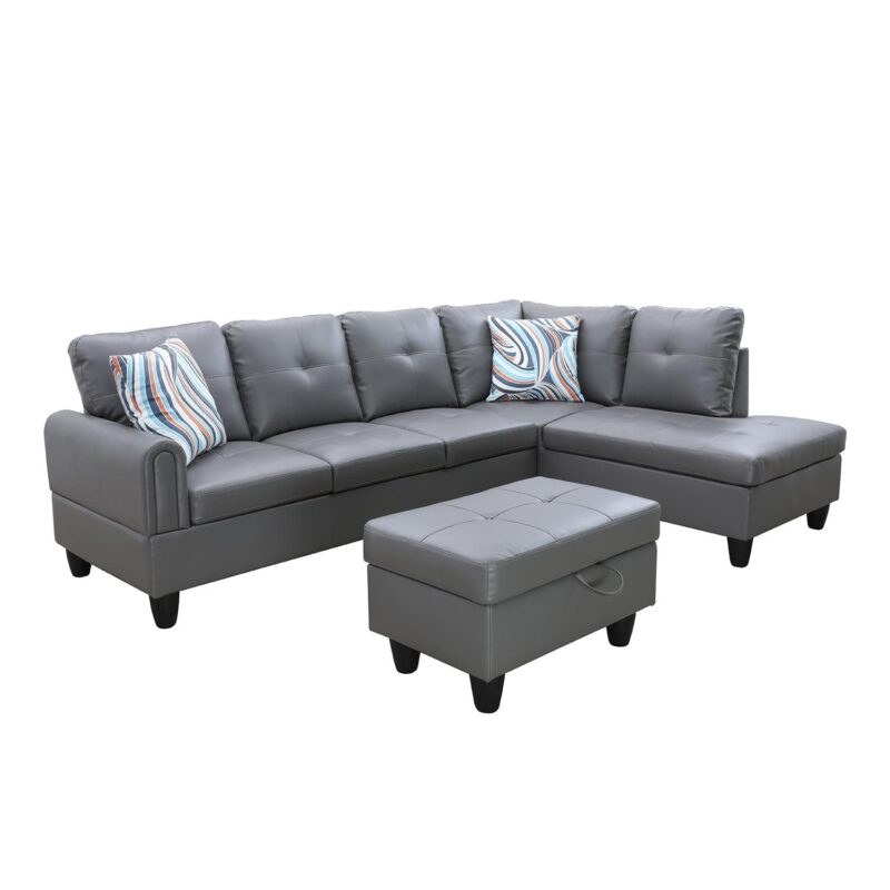 Hommoo L Shaped 4-Seat Couch, Faux Leather Sectional Couches and Sofas, Modern Living Room Furniture Sets Sectional Sofa Set, Dark Grey(No Ottoman) - Image 2