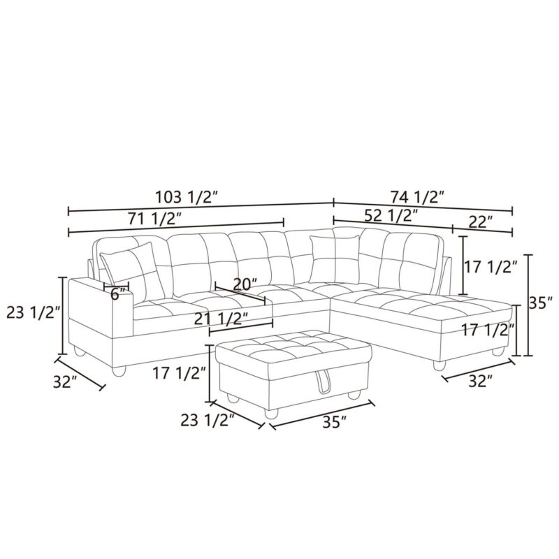 Hommoo Linen Living Room Furniture Set, Modern Couches and Sofa, Sectional Couch Sofa for Living Room, 17.5'' Back Height, Black Grey(No Ottomans) - Image 3