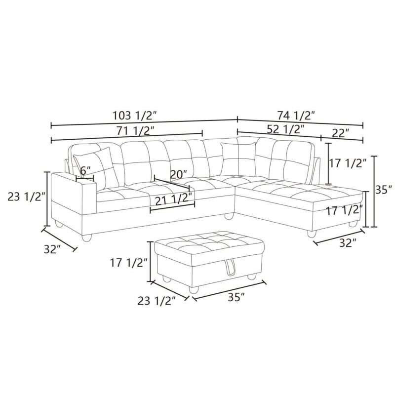 Hommoo Lint &PVC Sectional Sofa Couch Living Room Furniture Sets, Modern L Shaped Sectional Sofa Set, Brown(No Ottoman) - Image 3