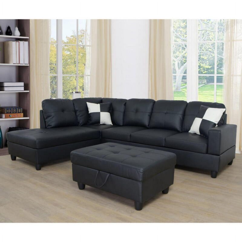 Hommoo Semi PU Leather Sectional Sofa, L Shaped Couch, Sectional Sofa Set for Small Space Living Room, Black(Without Ottoman) - Image 2