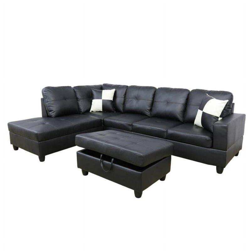 Hommoo Semi PU Leather Sectional Sofa, L Shaped Couch, Sectional Sofa Set for Small Space Living Room, Black(Without Ottoman) - Image 3