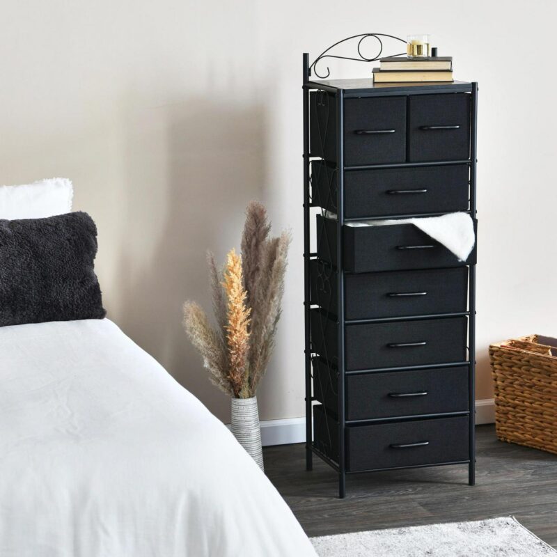 Household Essentials Victoria Dresser Tower Storage Organizer with 8 Black Drawers Black Metal Frame and Black Oak Wood Grain Top - Image 3