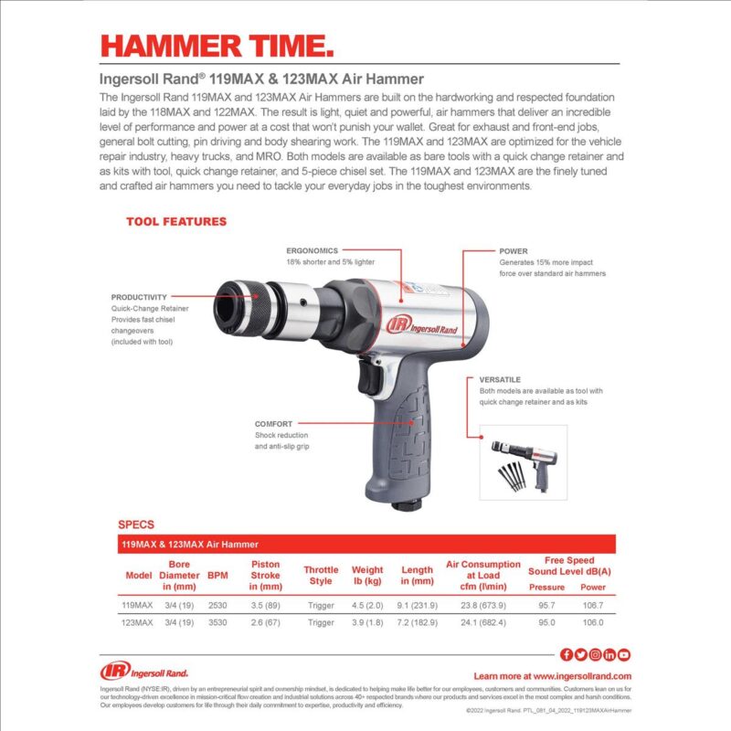 Ingersoll Rand 119MAXK Long Barrel Air Hammer, Low Vibration, for Vehicle Repair - Image 4
