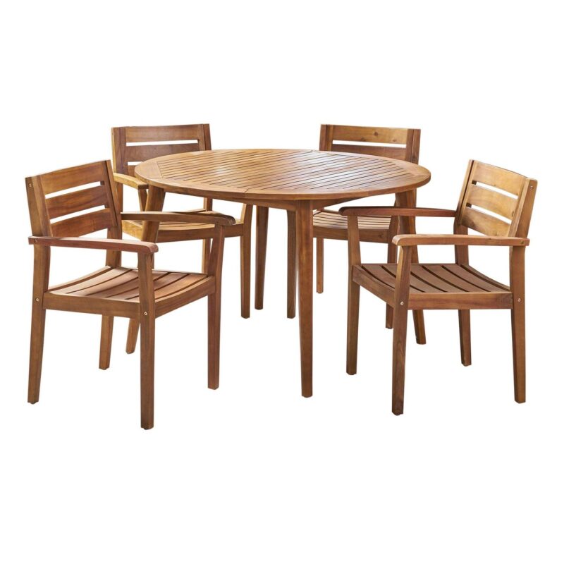 Jaxson Outdoor 5 Piece Acacia Wood Round Dining Set, Teak - Image 7